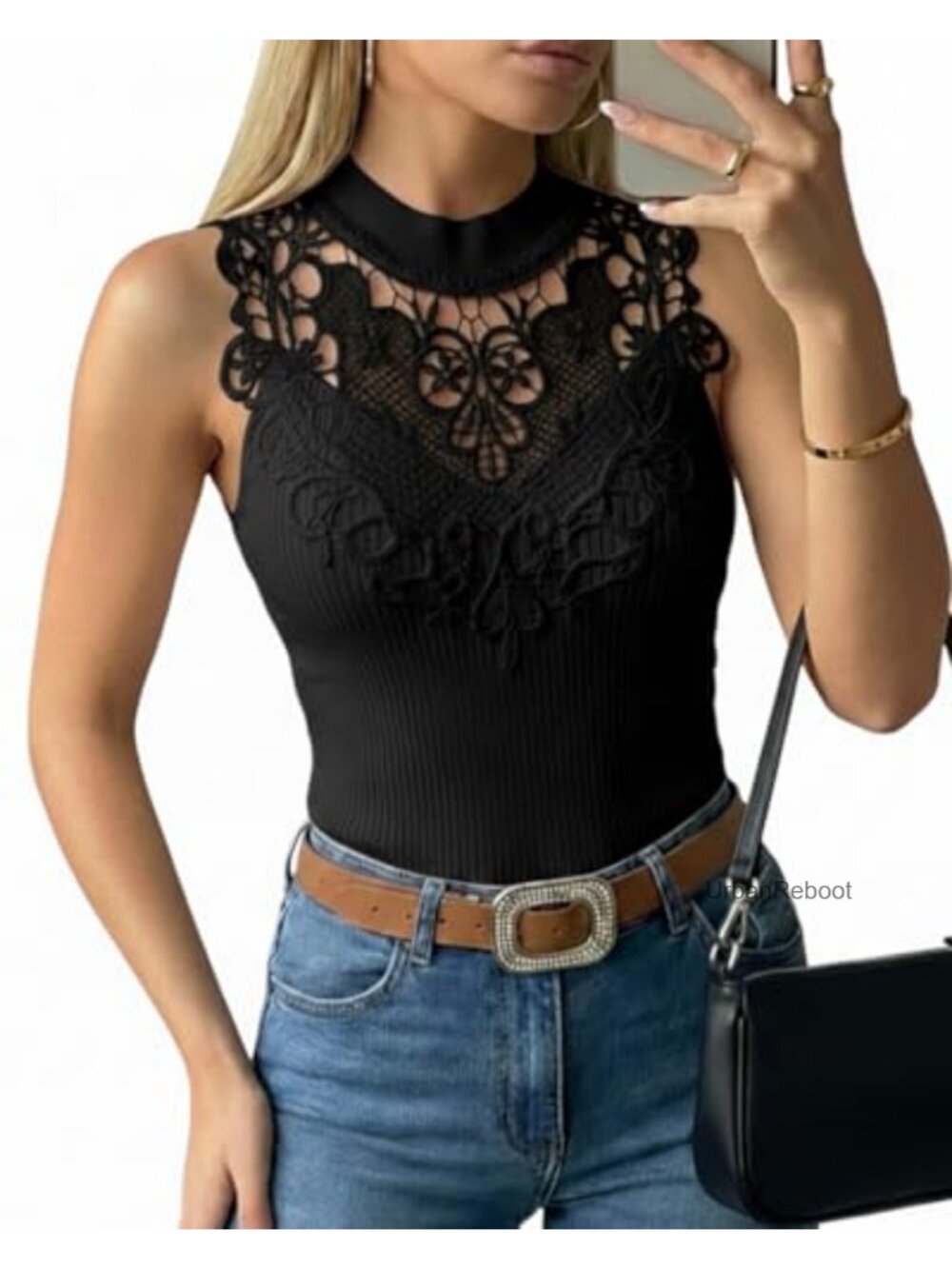Lace Mock Neck Ribbed Knit Sleeveless Fitted Tank Top Summer Dressy